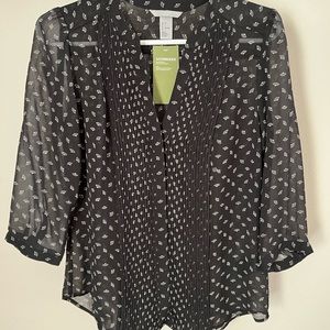 H&M Fan Print Tuxedo Ruffle Sheer Blouse US Size 6 NWT